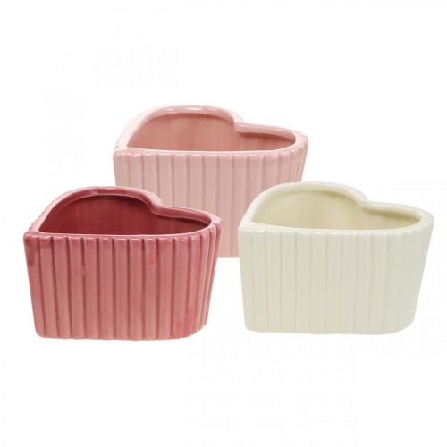 Artículo Corazón decorativo de cerámica blanco, rosa, mini macetero H6cm 3 piezas