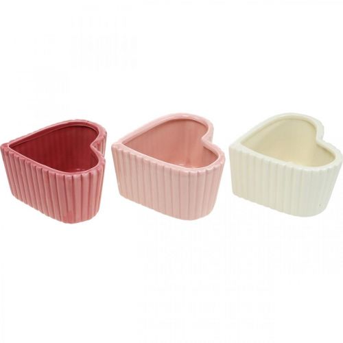 Artículo Corazón decorativo de cerámica blanco, rosa, mini macetero H6cm 3 piezas