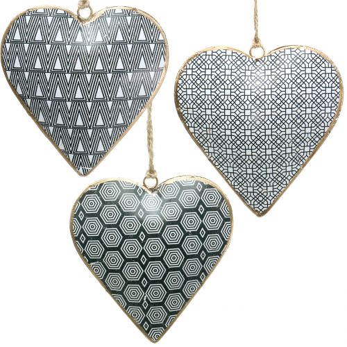 Floristik24 Corazón para colgar en blanco y negro con patrón 10cm 3pcs