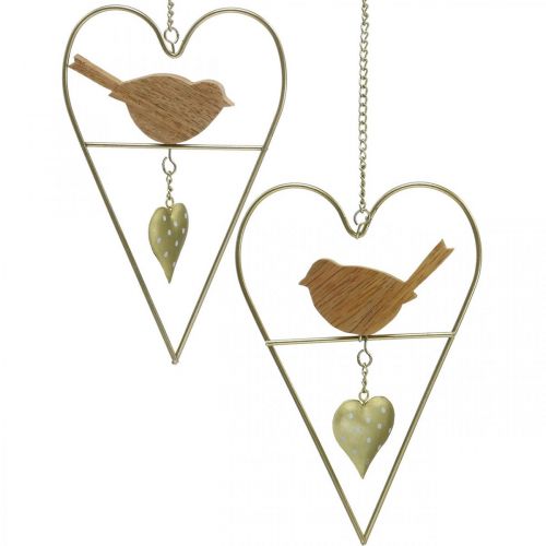 Artículo Corazones decorativos para colgar de metal con madera de pájaro 12×18cm 2uds