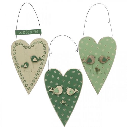 Corazón para colgar, decoración de madera con pájaros, decoración de puerta, verde primavera, amarillo H22cm juego de 3