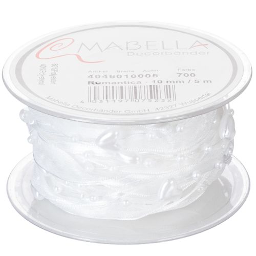 Artículo Cinta de organza blanca para decoración de bodas, 10 mm x 5 m, con corazones y perlas.
