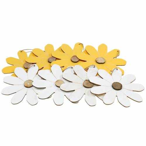 Floristik24 Flores de madera para colgar, decoración primaveral, flores de madera amarillas y blancas, flores de verano 8 piezas