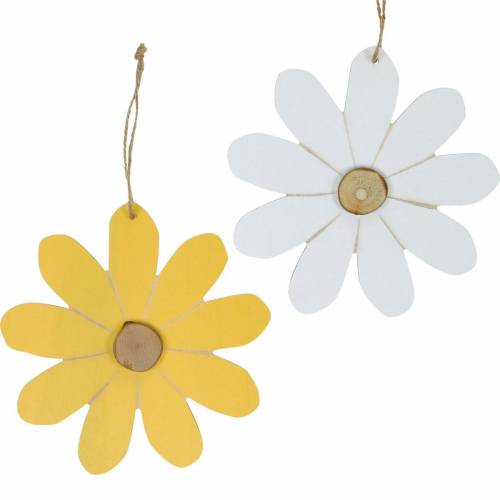Floristik24 Flores de madera para colgar, decoración primaveral, flores de madera amarillas y blancas, flores de verano 8 piezas