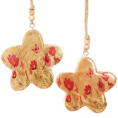Artículo Colgante de madera con flores de primavera en color rosa natural H9cm 4 uds.