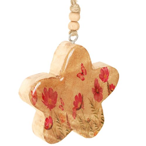 Artículo Colgante de madera con flores de primavera en color rosa natural H9cm 4 uds.