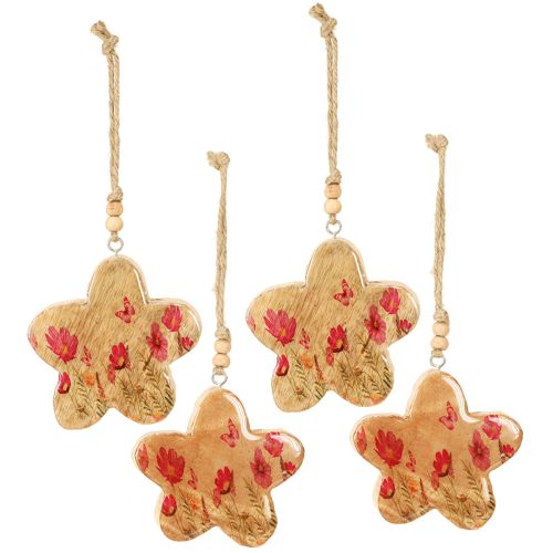 Artículo Colgante de madera con flores de primavera en color rosa natural H9cm 4 uds.