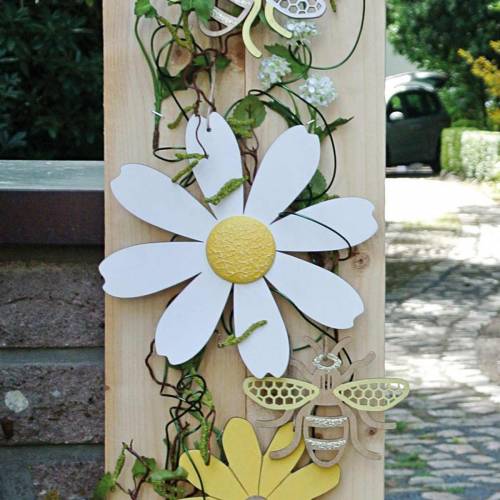 Floristik24 Flores de madera, decoración de verano, margaritas amarillas y blancas, flores decorativas para colgar 4 piezas