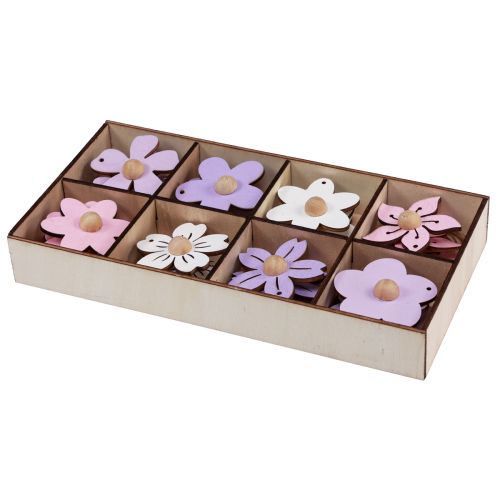 Artículo Flores de madera decoración colgante madera violeta, rosa, blanco 4,5 cm 24 piezas