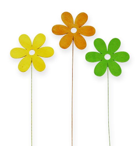 Floristik24 Flor de madera en el alambre 8cm tipo 3 colores. 12st