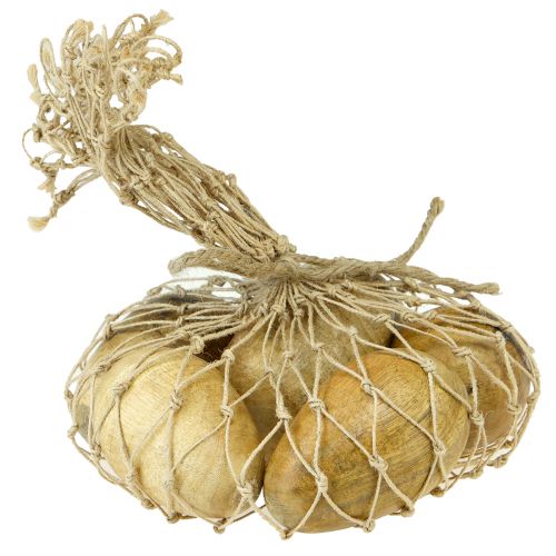 Artículo Huevos de madera de mango en red de yute, decoración de Pascua natural, 7-8 cm, 6 unidades