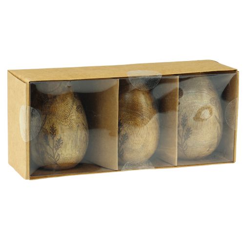 Artículo Huevos de madera de mango natural Huevos de Pascua hechos de madera Decoración floral H10cm 3 piezas