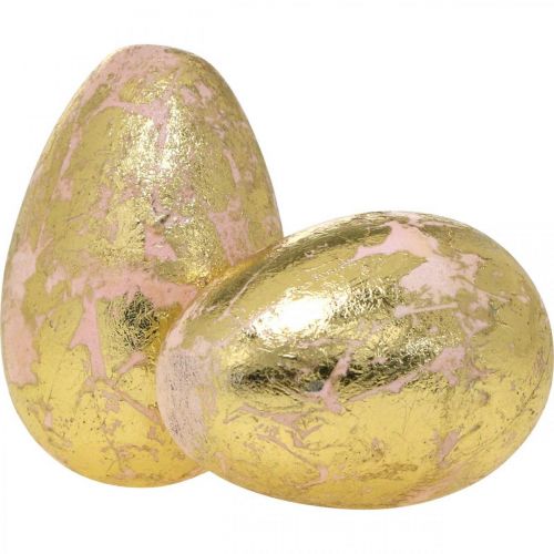 Floristik24 Huevos nobles de madera, decoración primaveral, huevos de Pascua en red rosa, dorado H7-7.5cm Ø 4-4.5cm 6uds