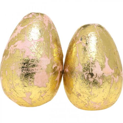 Floristik24 Huevos nobles de madera, decoración primaveral, huevos de Pascua en red rosa, dorado H7-7.5cm Ø 4-4.5cm 6uds