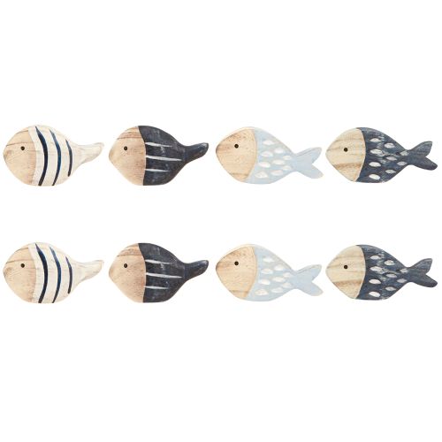 Artículo Decoración de mesa marítima de pescado de madera natural azul blanco 8-9cm 8 piezas