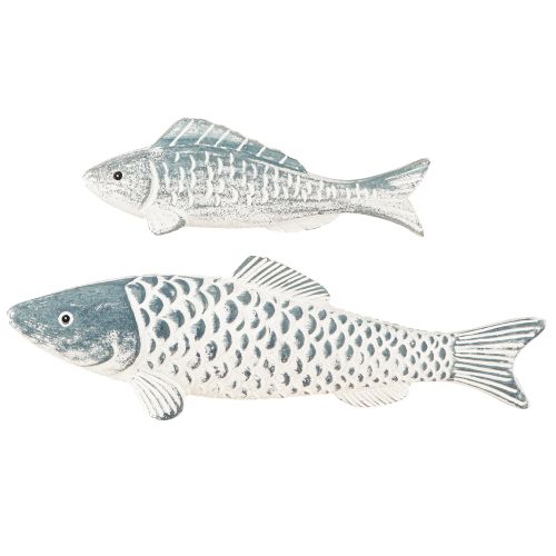 Artículo Pez de madera en harina de madera blanca azul L23cm/35cm Juego de 2