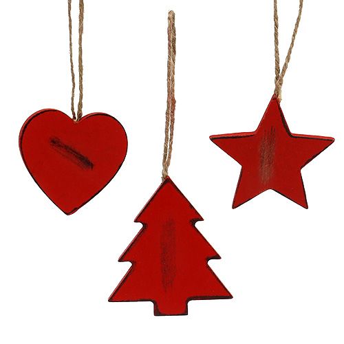 Floristik24 Colgante de madera estrella, corazón, árbol de Navidad rojo 6ud