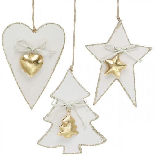 Artículo Colgante navideño corazón / abeto / estrella, decoración de madera, decoración de árbol con campanas blanco, dorado H14.5 / 14 / 15.5cm 3 piezas