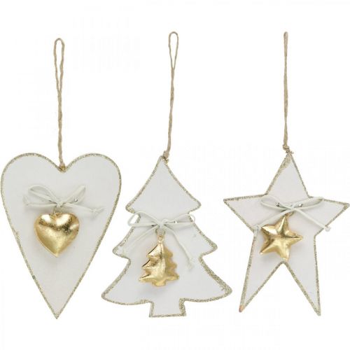 Colgante navideño corazón / abeto / estrella, decoración de madera, decoración de árbol con campanas blanco, dorado H14.5 / 14 / 15.5cm 3 piezas