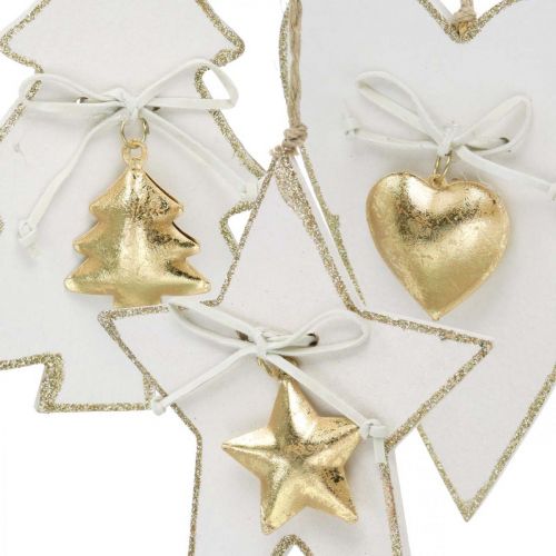 Artículo Colgante navideño corazón / abeto / estrella, decoración de madera, decoración de árbol con campanas blanco, dorado H14.5 / 14 / 15.5cm 3 piezas