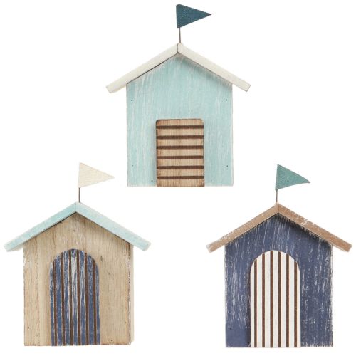 Artículo Casa de madera decoración de casa de playa azul natural H9,5cm 3 piezas
