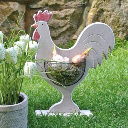 Floristik24 Gallo de madera con canasta, decoración de Pascua, figura de madera para plantar, decoración de primavera, pollo decorativo