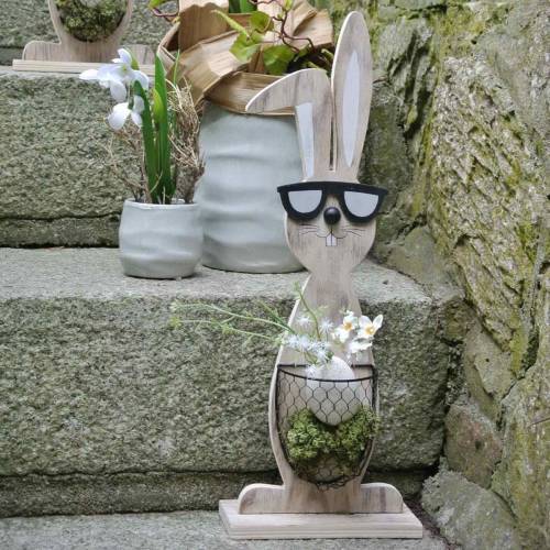 Artículo Conejos de madera con gafas de sol y cesta naturaleza, decoración de Pascua, figura de conejo con cesta de plantas, decoración de primavera 2 piezas