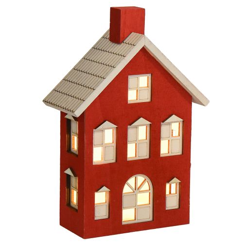Decoración de casa de madera, luz de casa de madera roja y blanca para batería H19.5cm