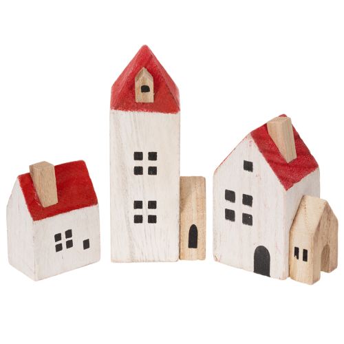 Conjunto de casita decorativa de madera, roja y blanca, decoración invernal de varias piezas, 13 cm, 6 piezas