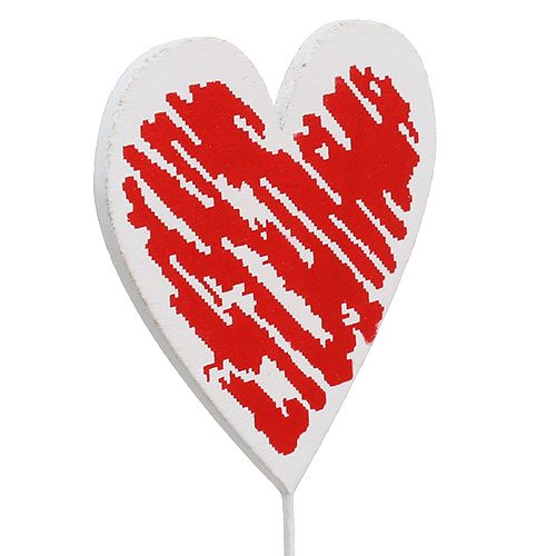 Floristik24 Corazón de madera en la varilla 7cm x 7cm blanco, rojo 12pcs