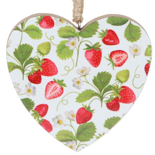 Artículo Corazón decorativo con motivo de fresa – colgante de madera veraniego para decoración de casa de campo 10cmx10cm 4 uds