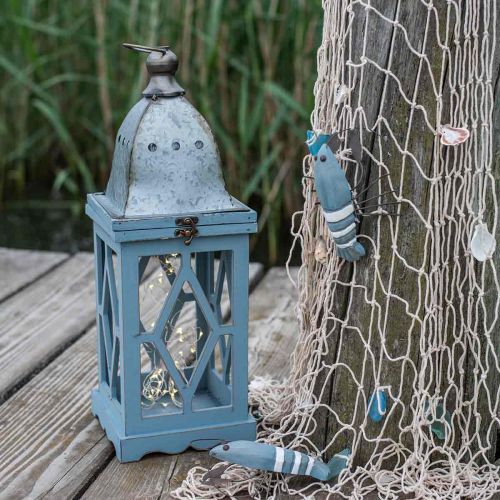 Floristik24 Farol de madera con decoración de metal, farol decorativo para colgar, decoración de jardín azul-plata H51cm