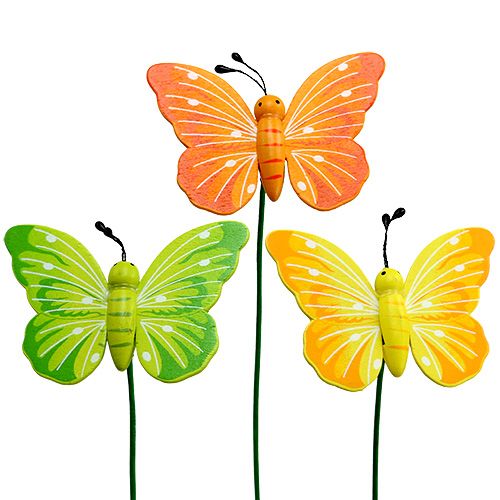 Mariposas de madera en el palo 3 colores surtidos 8cm 24pcs