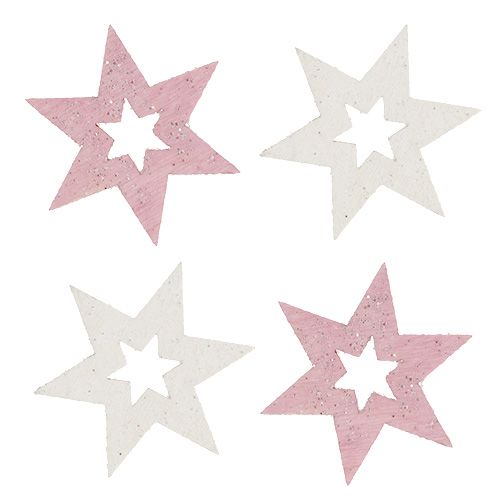 Floristik24 Estrella de madera 3,5cm rosa / blanco con purpurina 72pcs
