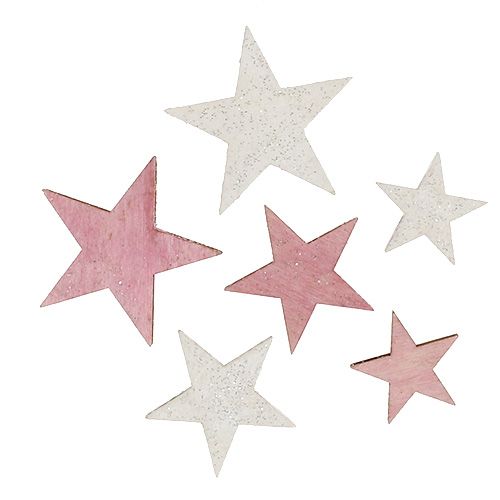 Floristik24 Estrella de madera 3-5cm rosa / blanco con brillo 24pcs