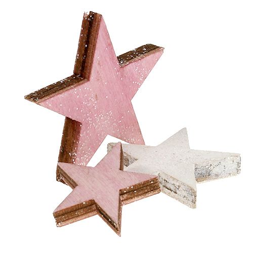 Floristik24 Estrella de madera 3-5cm rosa / blanco con brillo 24pcs