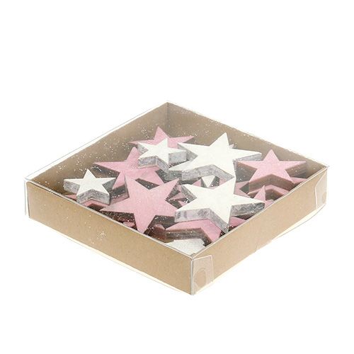 Floristik24 Estrella de madera 3-5cm rosa / blanco con brillo 24pcs