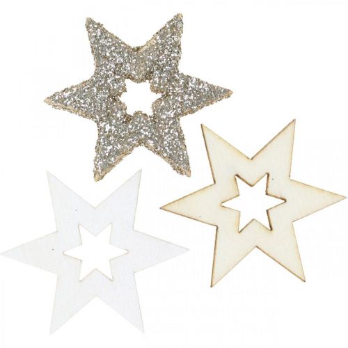 Artículo Estrella de madera dispersa natural, purpurina, blanco 4cm surtido 72ud