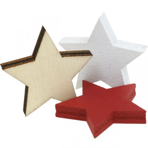 Artículo Decoración dispersa de estrellas de madera natural, rojo, blanco 3cm mezcla 72 piezas