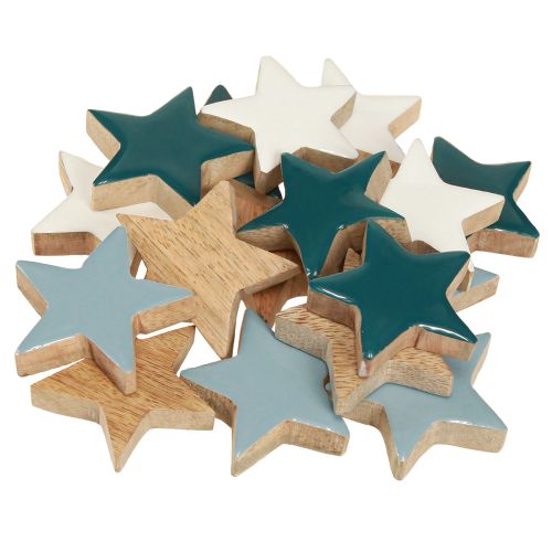 Artículo Estrellas de madera decoración de mesa estrellas blanco azul turquesa 5cm 12 piezas