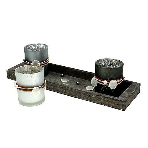 Floristik24 Bandeja de madera con 3 vasos candelitas gris, plateado
