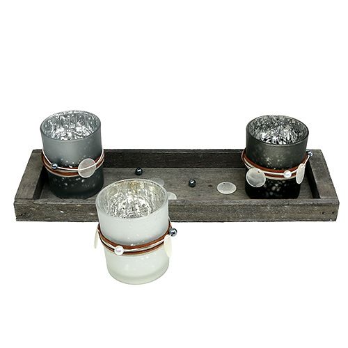 Floristik24 Bandeja de madera con 3 vasos candelitas gris, plateado