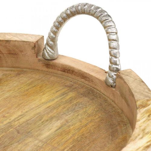 Floristik24 Bandeja con asas de metal, decoración de madera redonda de madera auténtica, metal natural, plata Ø31cm