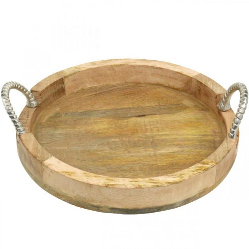 Floristik24 Bandeja con asas de metal, decoración de madera redonda de madera auténtica, metal natural, plata Ø31cm