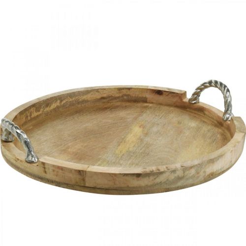 Floristik24 Bandeja de madera con asas, decoración de mesa redonda madera auténtica, metal natural, plata Ø40,5cm