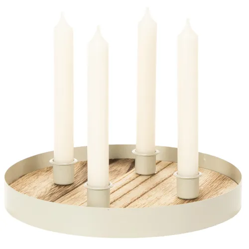 Portavelas para cuatro velas cónicas, bandeja redonda de madera, 25 cm. | Floristik24.es
