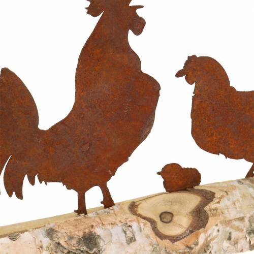 Artículo Familia de pollos óxido de metal sobre base de madera de abedul 32cm H15.5cm