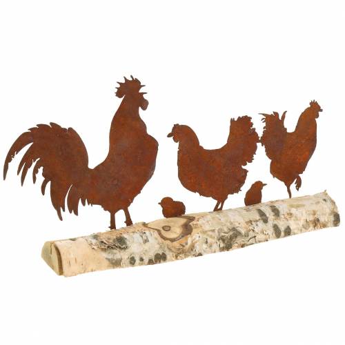 Floristik24 Familia de pollos óxido de metal sobre base de madera de abedul 32cm H15.5cm