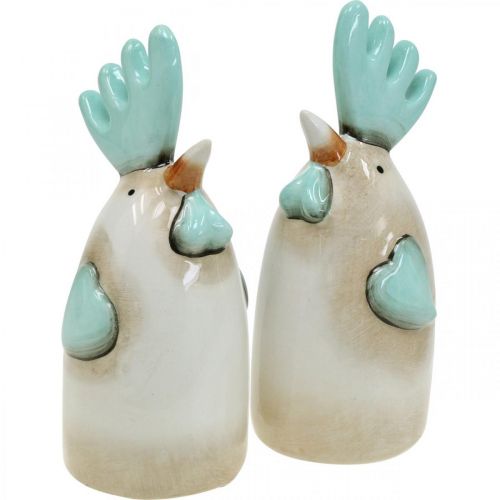 Artículo Gallo de cerámica Cocina Deco Pollo Blanco Azul Marrón H14.5cm 2pcs