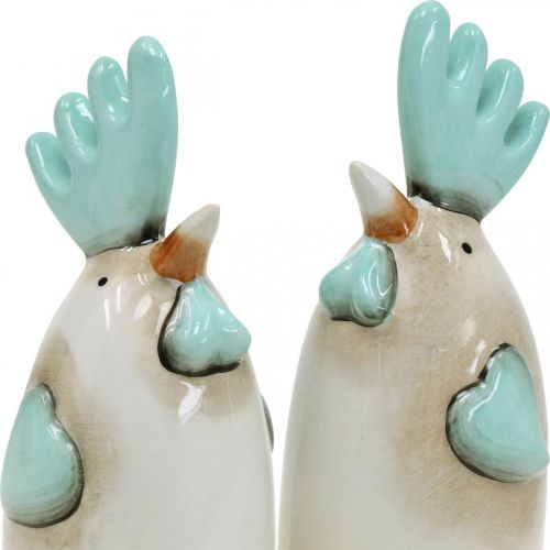 Artículo Gallo de cerámica para decoración de cocina, color blanco, azul y marrón, altura 14,5 cm, 2 unidades